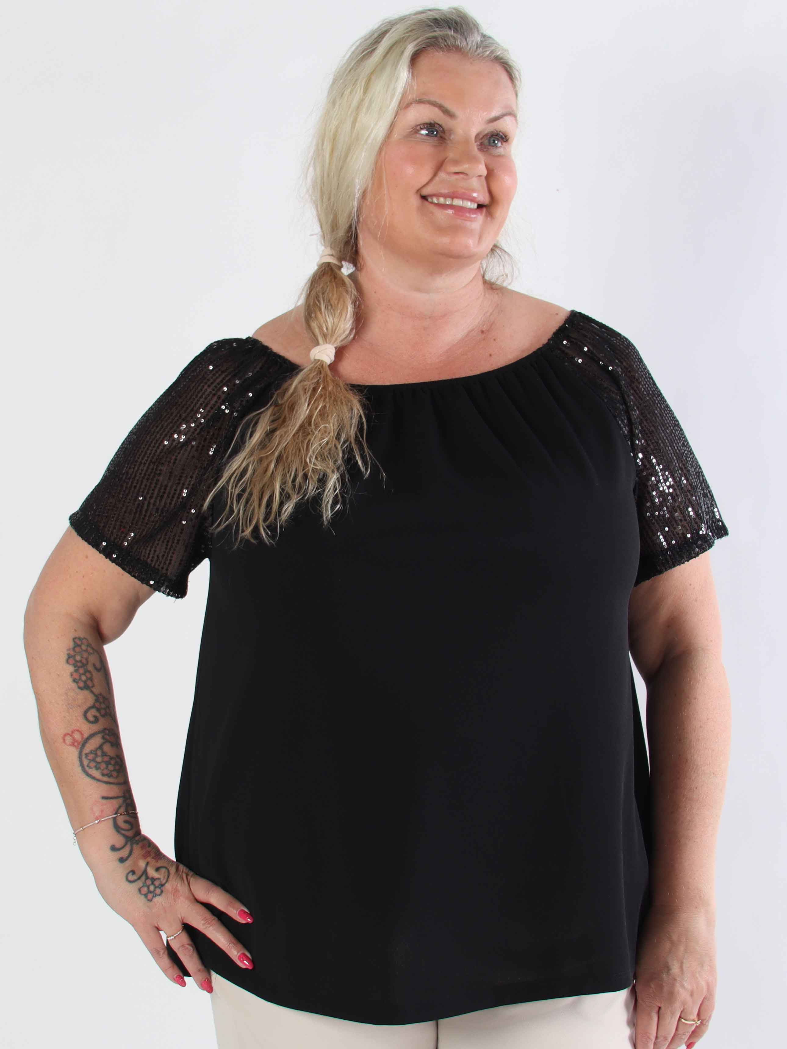 Kim Shirt - Söt plus size elastisk blus med ärmar av glittriga paljetter